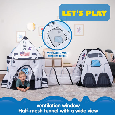 JOYIN White Rocket Ship Pop Up Play Tent - Kids Indoor Outdoor Spaceship Tent Set with Tunnel and Playhouse