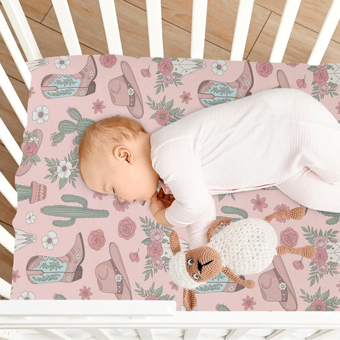 Sinestour Cowgirl Western Cowboy Pink Baby Crib Sheet Soft and Breathable Crib Mattress Protector for Standard Playard