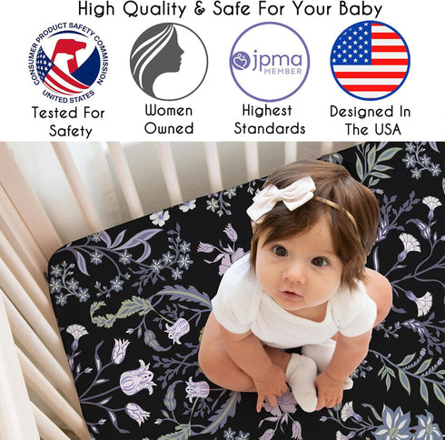 Sweet Jojo Designs Fitted Baby Crib Sheets (Black & Purple Wildflower Vintage Floral) for Girls, Infant Nursery
