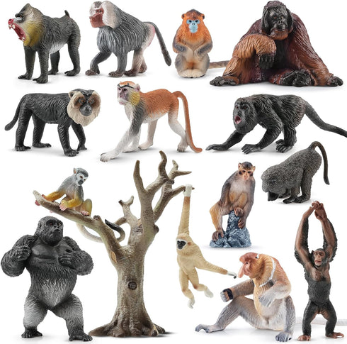 Toymany 15PCS Monkey Primates Figurines, Plastic Jungle Animals Set Included Tree Monkey