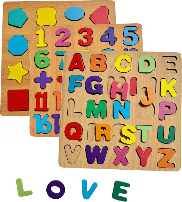 2PCS Wooden Alphabet Number Shape Puzzles for Toddlers, Educational Learning Puzzles Game