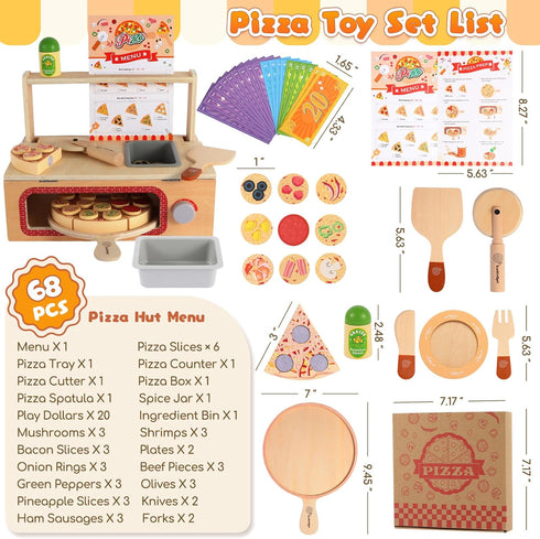 iLuckinSpri Set 68PCS Counter Playset 3+ Wooden Pizza Toy for Kids, Montessori Pretend Play Food Toys, Wooden Pizza