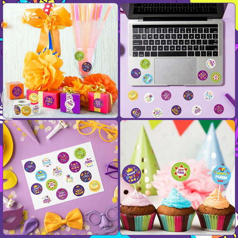 CNhoqc 1000 Happy Purim Stickers Roll - Pcs Round Happy Purim Waterproof Vinyl Reusable Laptop Sticker Coloring Book