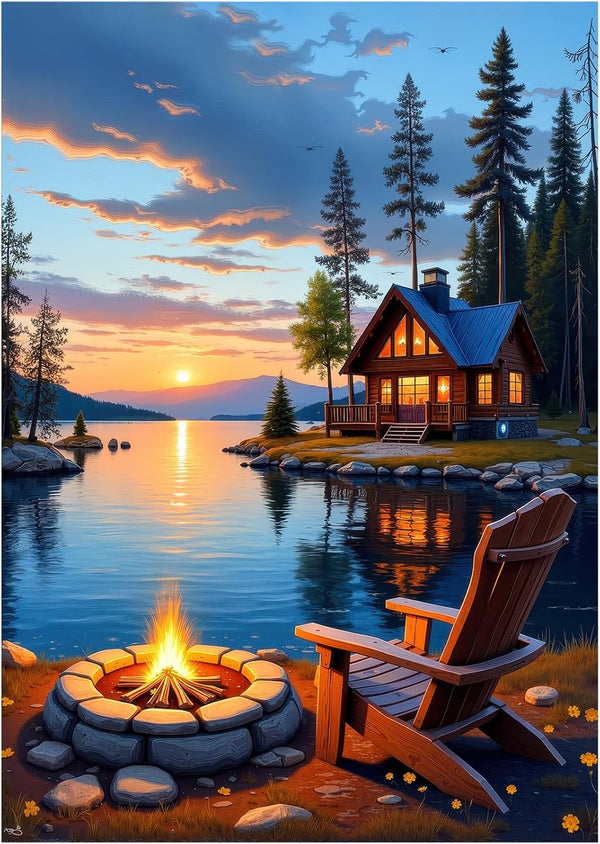 Lake Cabin Puzzles for Adults 1000 Pieces, Sunset Forest Landscape Jigsaw with