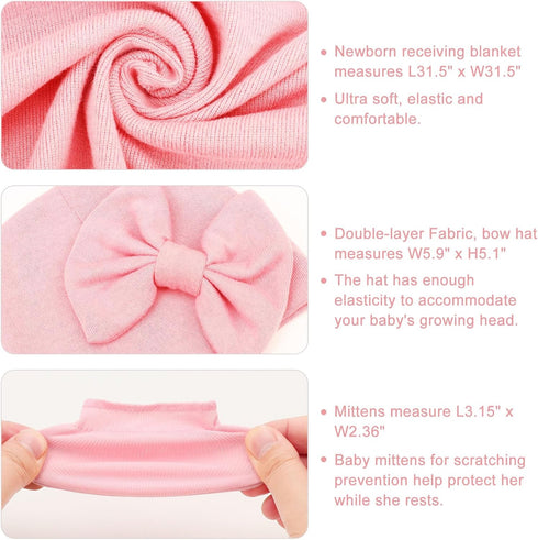 Set AQOKKA Newborn Receiving Blanket with Bow Hat Mittens Wooden Card Newborns Toddler Baby Boy Girl Nursery Swaddle