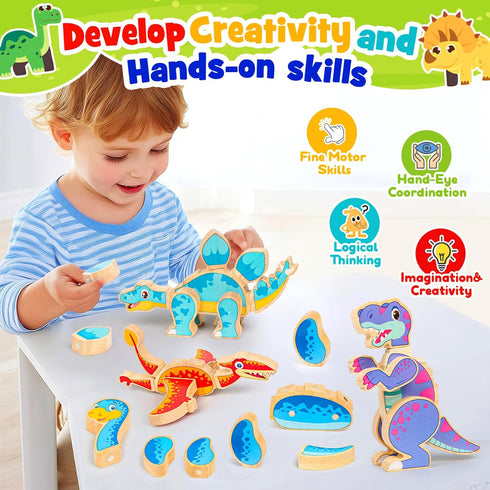 3-5,Wooden Dinosaur Toys for Kids Magnetic Dino Take Apart Building Blocks Toys for Fine Motor Skills & Creative