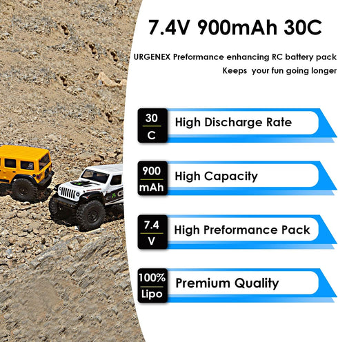 URGENEX SCX24 Lipo 7.4V 2S 30C 900mAh Rechargeable Lipo with PH2.0 Plug for Most RC Cars and Trucks