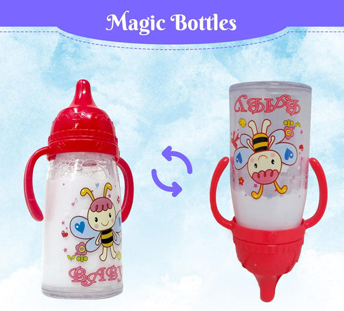 Baby Doll Bottles with Magic Disappearing Milk & Juice Playset, 6pc Pretend Baby Doll Accessories Set 4 Doll Feeding Toy Bottles and 2 Pacifiers, Great Gift for Kids, Toddlers and Little Girls