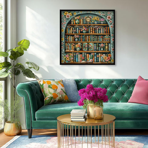 PICKFORU 1000 Vintage Bookshelf Puzzles for Adults Pieces, Flower Blooming Bookshelf Jigsaw Puzzle Library, Wildflower