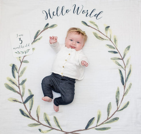 lulujo Baby’s First Year Milestone Blanket and Card Set | 40in x 40in (Hello World)