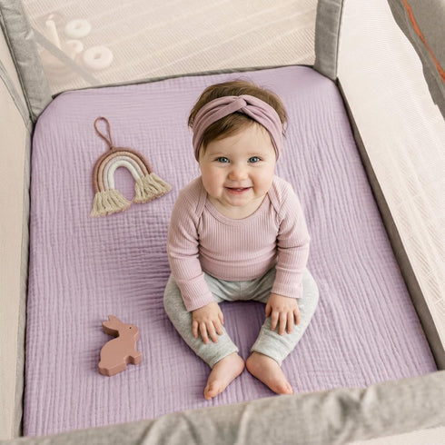 Pack 2 Pack Pro Goleem Muslin n Play Sheets for Girls, Soft Breathable Cotton Fitted Mini Crib Sheets, Baby Sheets