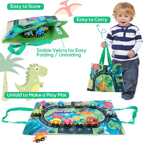 HELLOWOOD Dinosaur Toys for Toddlers Age 2-4, Wooden Dinosaur Train Set with Playmat and Storage Bag