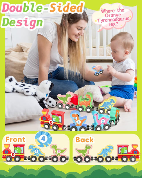 Oomloid 11 Set 1 2 3 1-3, 2-4 Pcs Magnetic Dinosaur Train Montessori Toys for Years Old Toddlers Boys Girls, Wooden