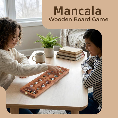 Set (72+8 Ajuny Wooden Mancala Board Game Classic Board Games, Portable Folding Travel Mancala Board with Marbles