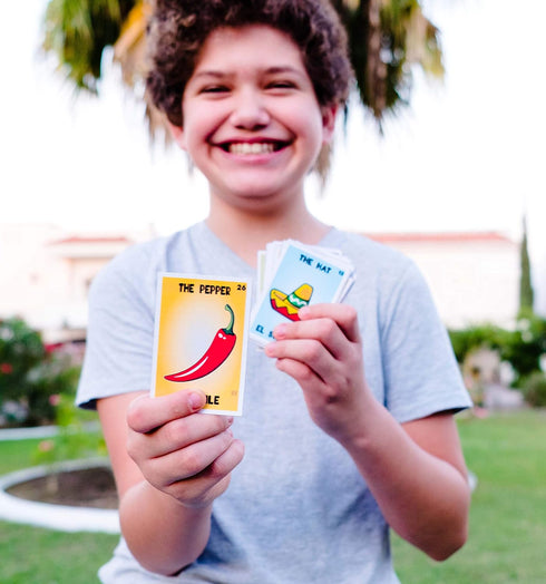 Mexican Bingo Game Kit - Bilingual for 10 Players with 1 Deck of Cards, Boards, and 140 Bingo Chips for Family Learning