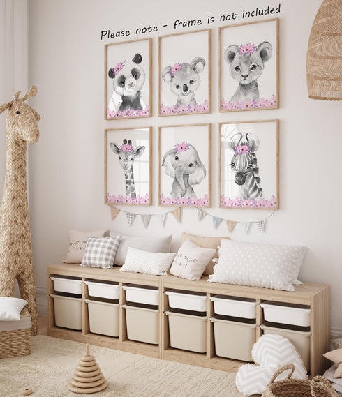 Set 6 (8x10) Safari Animals Baby Girls Nursery of Unframed Wall Art Prints, Gray Baby Animals with Pink Flowers, Child