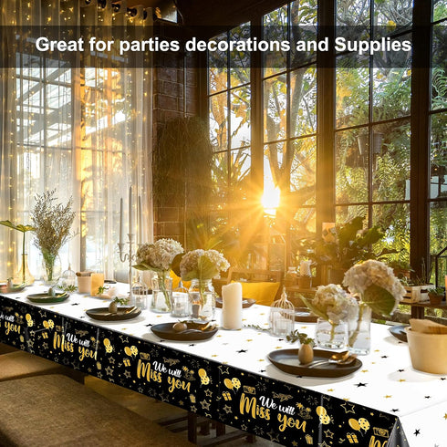 Tatuo 3 Pieces Gold We Will Miss You Tablecloth Going Away Party Decorations, Disposable Plastic Table Cover for