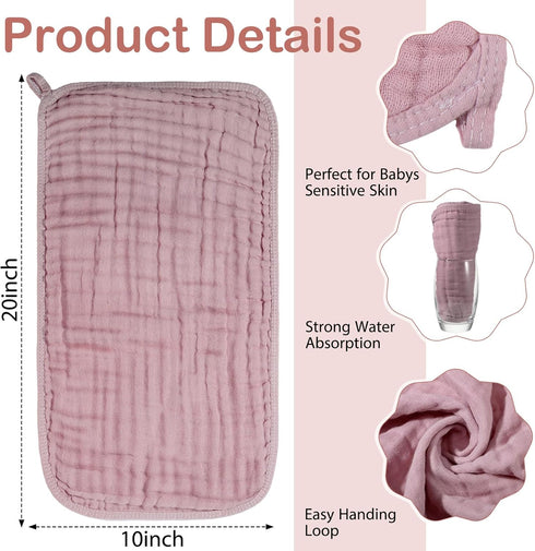 VitalCozy 6 (32 32 Inch,Pink,Rose) Pcs Baby Muslin Hooded Bath Towels and Washcloths Muslin Cotton Hooded Baby Towels