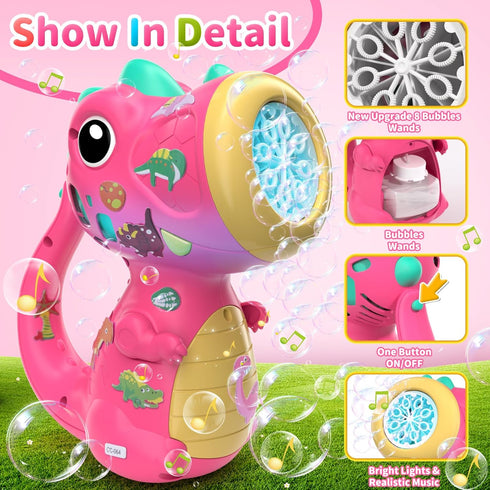 Bubble Machine Wand for Kids - Dinosaur Bubble Maker with Light & Music, Outdoor Toy for Ages 2-5, Birthday Gift