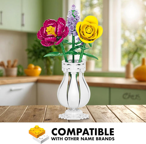 Set 104 Brickcraft Bricktanicals Yellow Rose Building Piece Flower Stem Model, Compatible Brick Bouquet Kit for Adults