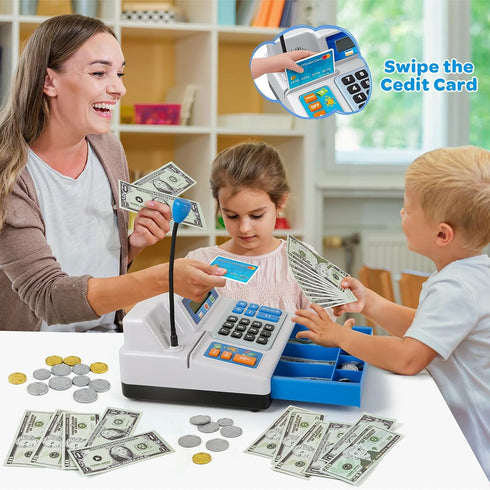 120 Playset Cash Register Toy for Kids, Pcs Grocery Store with Credit Card, Grocery Boxes, Microphone, Calculator Cash