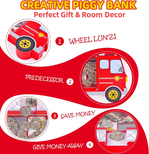 Handcrafted Wooden Fire Truck Coin Bank for Kids - Perfect Toddler Gift