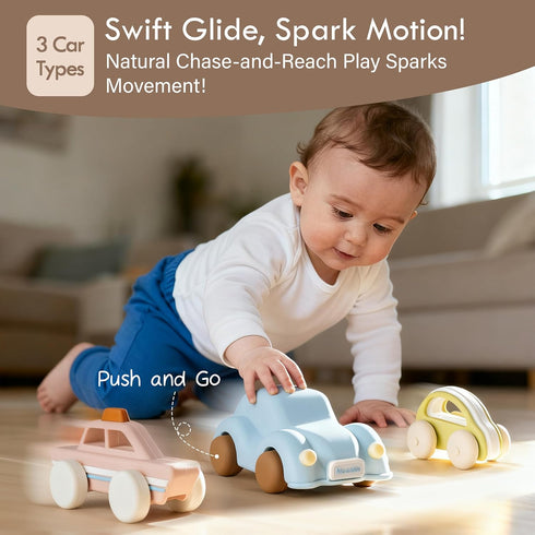 612 46 3 Pack Moonkie Food Grade Silicone Toy Cars for Babies & Toddlers, Push and Go Baby Car Toys Months, Hollow