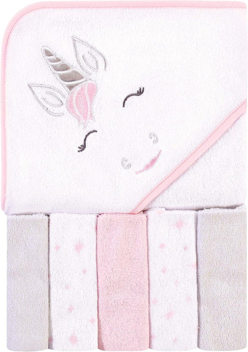 Hudson Baby Unisex Baby Hooded Towel and Five Washcloths, Pink Unicorn, One