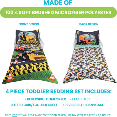 Set 4-Piece Sets Todays Kids Under Construction Toddler Bedding for Boys - Toddler Bed Comforter for Boys, Reversible