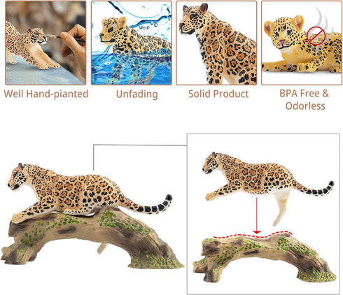 Toymany 7PCS Jaguars Figurines with Jaguars Cub and Tree Trunk, Realistic Jungle Animals Family Playset