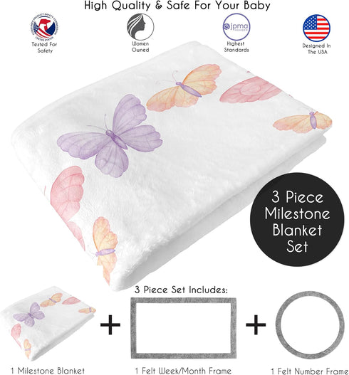 Sweet Jojo Designs Baby Milestone Blanket (Pink/Purple Shabby Chic Butterfly) for Girls, Infant Receiving Blankets
