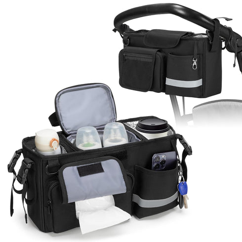 Parent Console Stroller Organizer Compatible with WONDERFOLD W&X, Black, with 2 Insulated Cup Holders and Removable