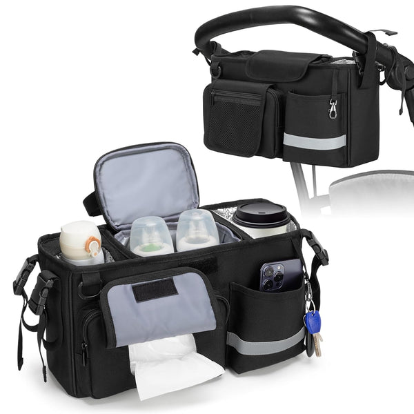 Parent Console Stroller Organizer Compatible with WONDERFOLD W&X, Black, with 2 Insulated Cup Holders and Removable