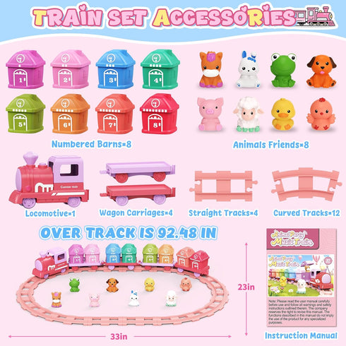 Set 2-4, Counting 1 2 3 Train for Girls Electric Toy Train with Farm Animals & Music & Lights, Montessori & Sorting
