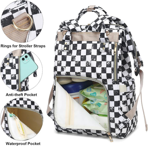 Dezcrab Backpack Backpacks Marble Checkered Baby Diaper Bag for Women, Large Capacity Waterproof Maternity Travel Nappy