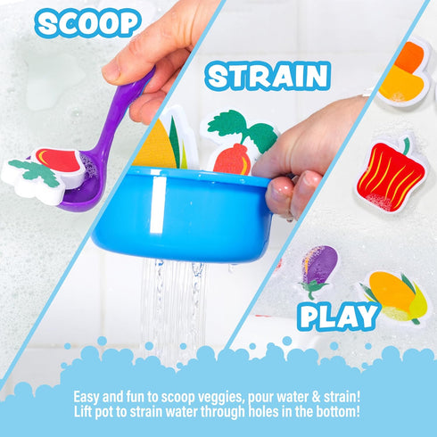 Tub Works Tub Soup Scoop, Strain & Play Toddler Bath Toy | Floating Foam Veggies, Ladle for Scooping & Soup Pot