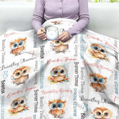 Novusopt Customized Owl Baby Blanket with Name Sherpa Blanket Personalized Owl Nursery Baby Blankets for Boys Girls