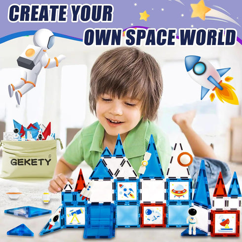 58 Set 3-12 Magnetic Tiles - Pcs Space Magnets Building Blocks - Sensory Travel Toys for Toddler - STEM Construction