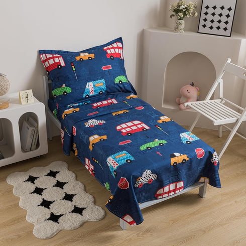 Set 4 Caressma Navy Toddler Bedding Bed-in-a-Bag Pieces, Soft Microfiber Kids Comforter with Cars,Buses & Traffic