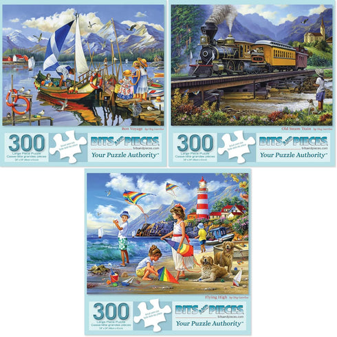 Set 300 18" 24" Bits and Pieces Value of Three Piece Jigsaw Puzzles for Adults Old Steam Train, Flying High, Bon Voyage