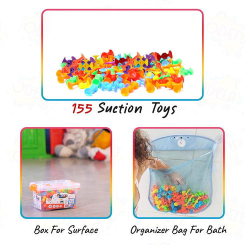 ODELA Genius Suckers 155Pcs Suction Toy, Kids Sensory Building Toys for 3 Year Olds, Interactive Bath Toy Set