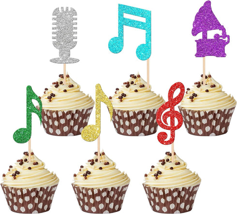 Rsstarxi 24 Pack Cupcake Toppers Glitter Microphone Musical Symbol Cupcake Picks Rock Music