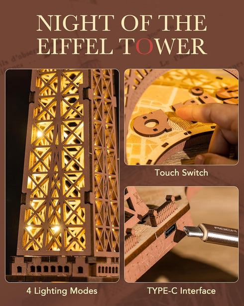Tower,3D 3D Set Rowood Eiffel Puzzle Model Kits for Adults,DIY Wooden Puzzles for Adults,Builing with LED,Home