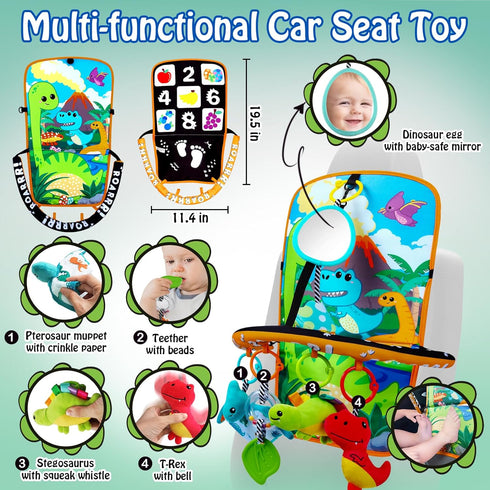 Innofans Baby Car Seat Dinosaurs Toys - Kick and Play Double Sided Infant Car Seat Toys with Plush Toys, Mirror
