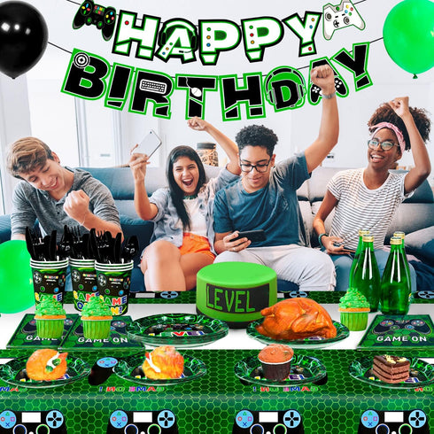 Video Game Party Supplies - 128pcs Tableware Set with Plates, Cups, Tablecloth, and Banner for Kids' Birthday
