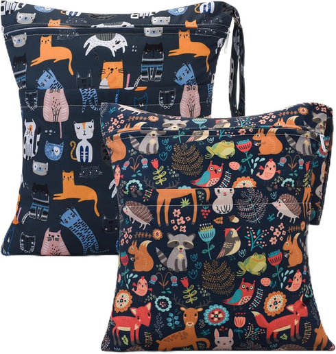 2pcs Waterproof Reusable Cloth Diaper Wet Dry Bags with Two Zippered Pockets for Travel Beach Pool Daycare - Animal
