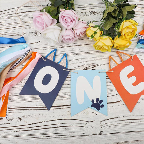 Gosknor Light Blue Navy Brown Orange First Birthday High Chair Banner, Cute Puppy Paw Print Highchair Garland, One