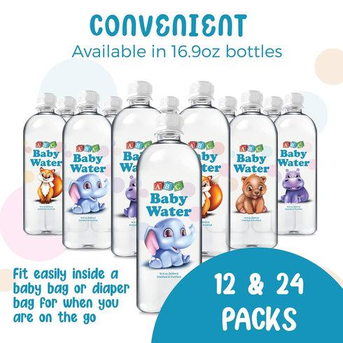 16.9 oz 24 Pack ABC Baby Water Premium Distilled Water for Babies - Healthy Purified Bottles - Formula, Cereal, Milk