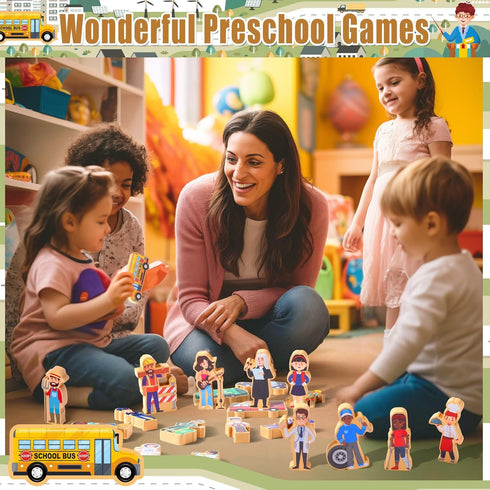 Blosssound 40 Community Set Pcs Wooden Helpers Toys Wooden Cars Wood People Figures Multicultural Career Wood Blocks
