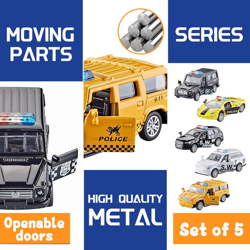 Die Cast Metal Little Toy Cars Set of 5, Openable Doors Pull Back Car Gift Pack for Kids
